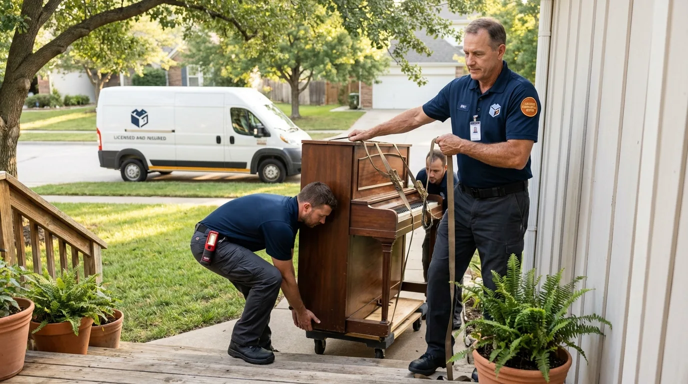Licensed piano movers securing grand piano in Odenton, MD