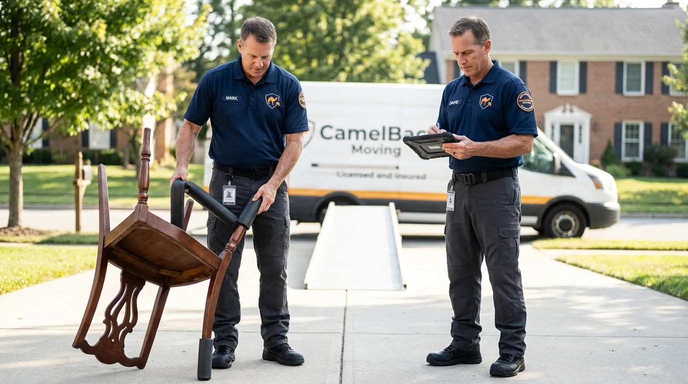 Movers inspecting furniture for damage prevention before loading in Odenton, MD