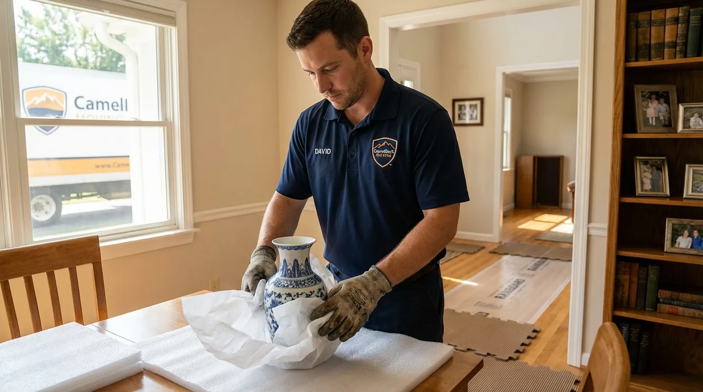 Professional crew carefully wrapping antique vase for senior downsizing move in Odenton, MD